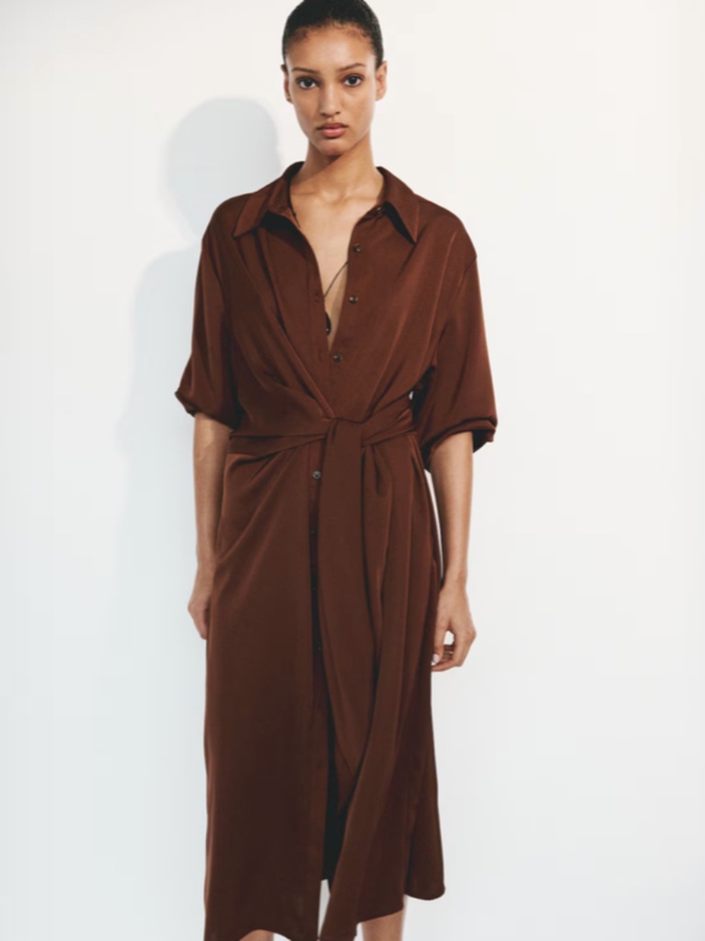 NWT H&M Rust Brown Tie-Detail Shirt Dress